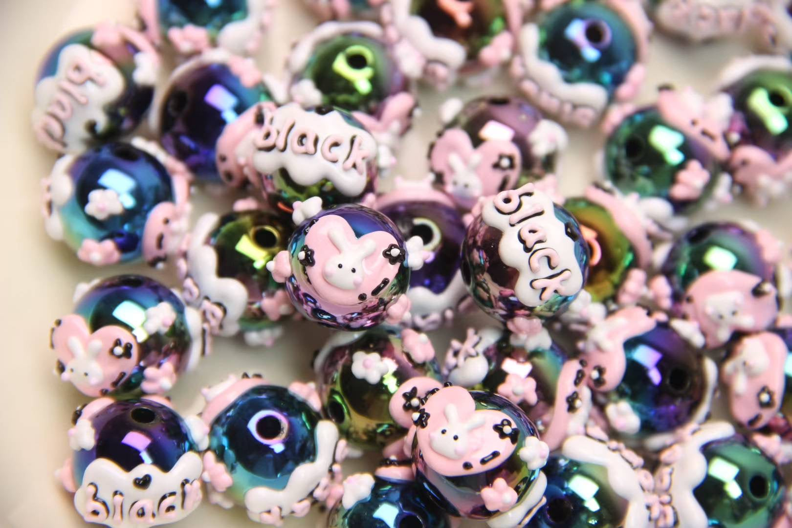 Black And Pink Hand-Painted Beads