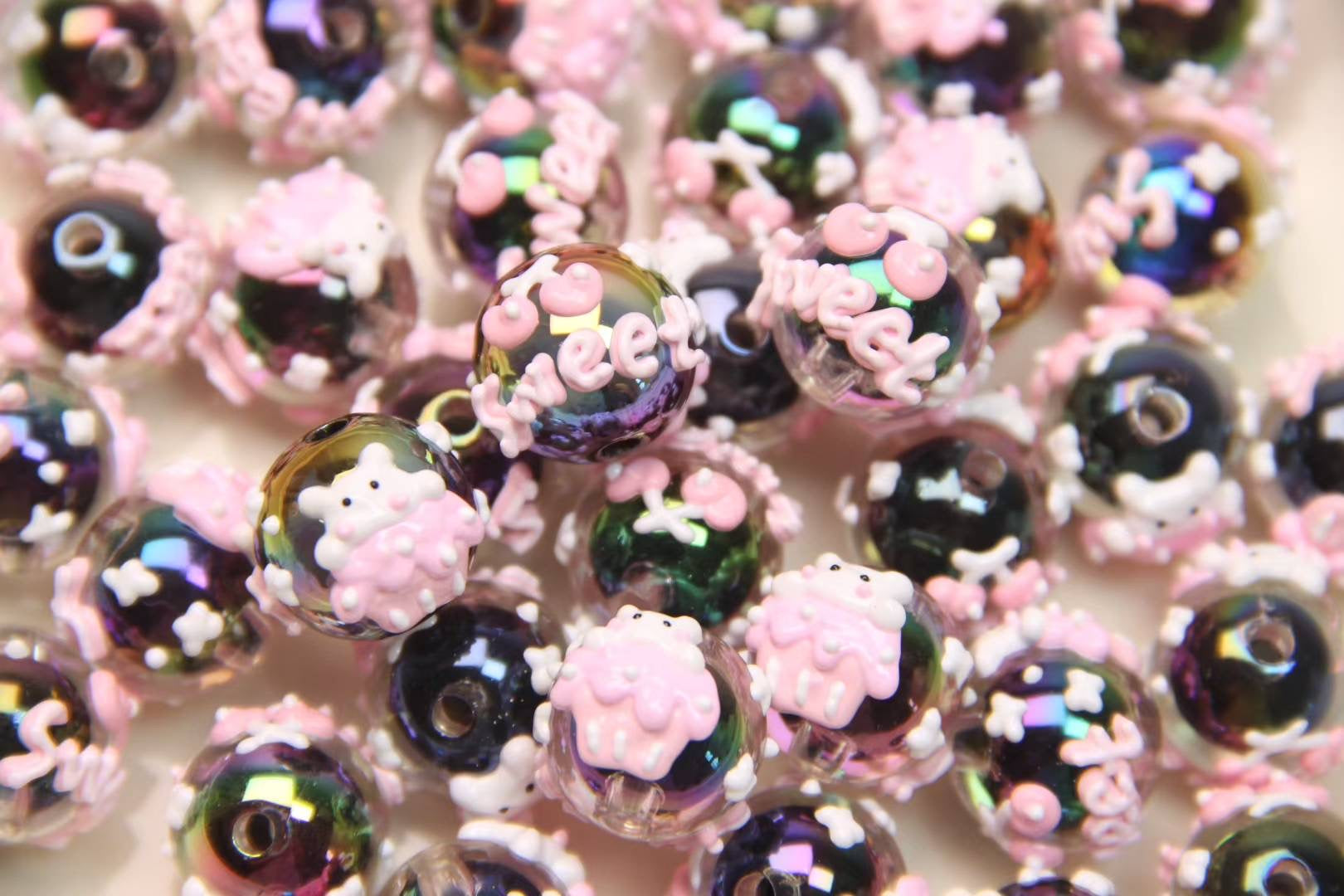 Black And Pink Hand-Painted Beads