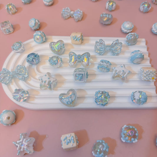 Transparent Blue And White Hand-Painted Beads