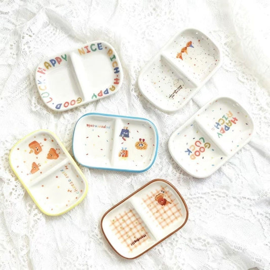 Cute cartoon double-grid dinner plate food and play dinner plate